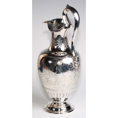 1080 - A Victorian Grecian Revival silver wine ewer or claret jug, engraved after the Antique with chariots... 