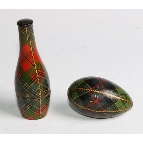 2246 - A Scottish tartan ware bottle shaped needle case, 9cm long, c.1890; an egg shaped thimble case, 6cm ... 