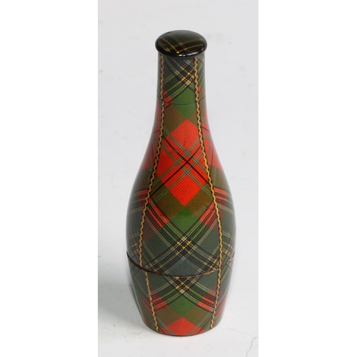 2246 - A Scottish tartan ware bottle shaped needle case, 9cm long, c.1890; an egg shaped thimble case, 6cm ... 