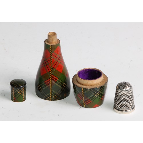 2246 - A Scottish tartan ware bottle shaped needle case, 9cm long, c.1890; an egg shaped thimble case, 6cm ... 