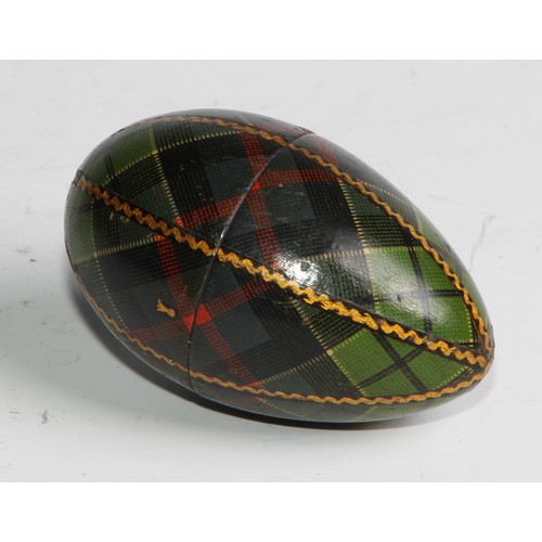 2246 - A Scottish tartan ware bottle shaped needle case, 9cm long, c.1890; an egg shaped thimble case, 6cm ... 