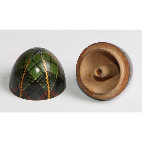 2246 - A Scottish tartan ware bottle shaped needle case, 9cm long, c.1890; an egg shaped thimble case, 6cm ... 