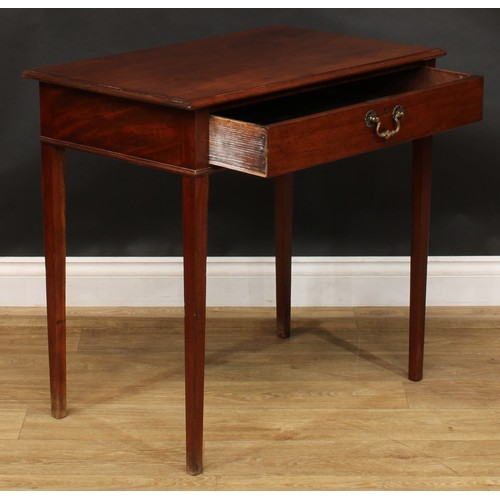 2221 - A George III mahogany side table, rectangular top with moulded edge above a long frieze drawer, tape... 