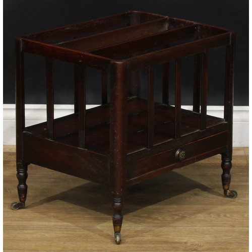 1789 - A George III mahogany Canterbury, drawer to frieze, turned legs, brass casters, 46cm high, 46cm wide... 