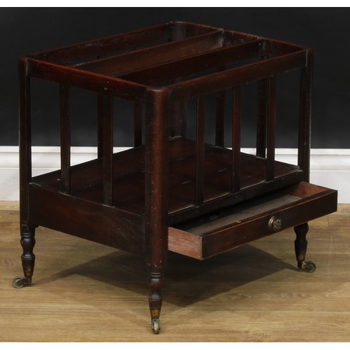 1789 - A George III mahogany Canterbury, drawer to frieze, turned legs, brass casters, 46cm high, 46cm wide... 