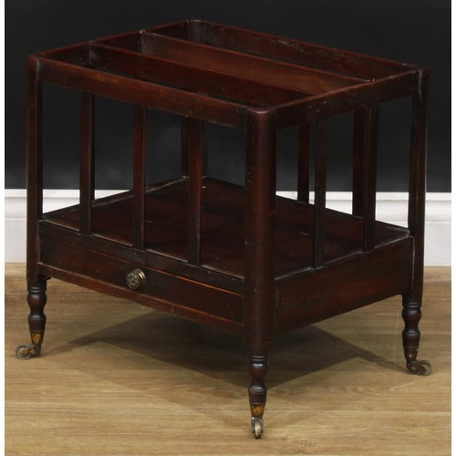 1789 - A George III mahogany Canterbury, drawer to frieze, turned legs, brass casters, 46cm high, 46cm wide... 