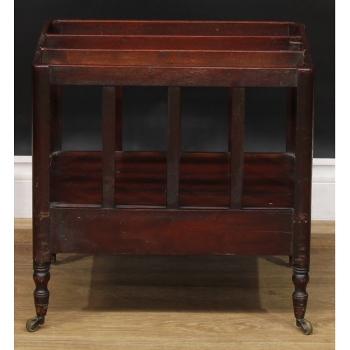 1789 - A George III mahogany Canterbury, drawer to frieze, turned legs, brass casters, 46cm high, 46cm wide... 