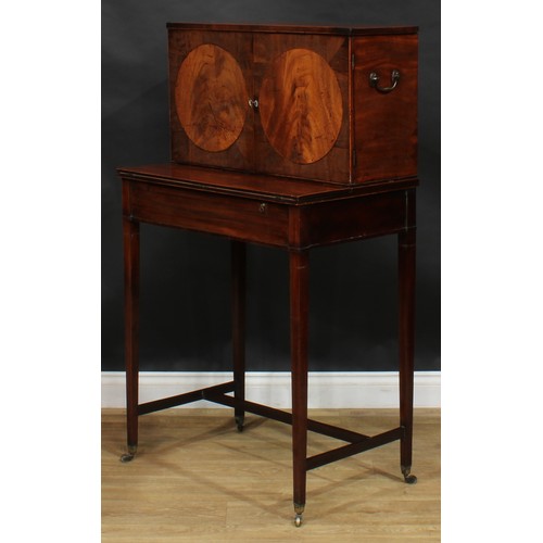 1788 - A George III mahogany campaign cheveret desk or bonheur du jour, rectangular top above a pair of doo... 