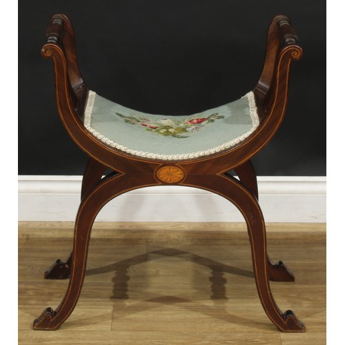 1868 - A pair of Edwardian mahogany and marquetry X-frame stools, each with a stuffed-over seat above an ov... 