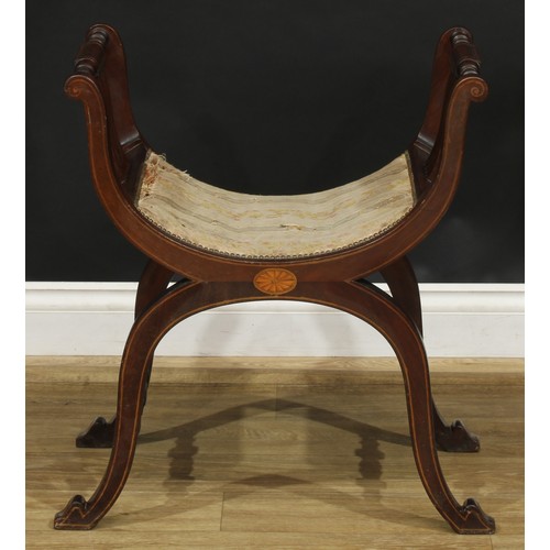 1868 - A pair of Edwardian mahogany and marquetry X-frame stools, each with a stuffed-over seat above an ov... 