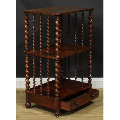 2263 - A Victorian goncalo alves three-tier whatnot, rounded rectangular plateaux, spirally turned supports... 