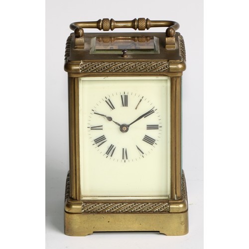 1750 - A French brass repeating carriage clock, 6.5cm rectangular dial inscribed with Roman numerals, repea... 