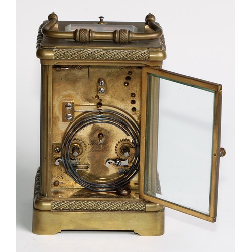 1750 - A French brass repeating carriage clock, 6.5cm rectangular dial inscribed with Roman numerals, repea... 