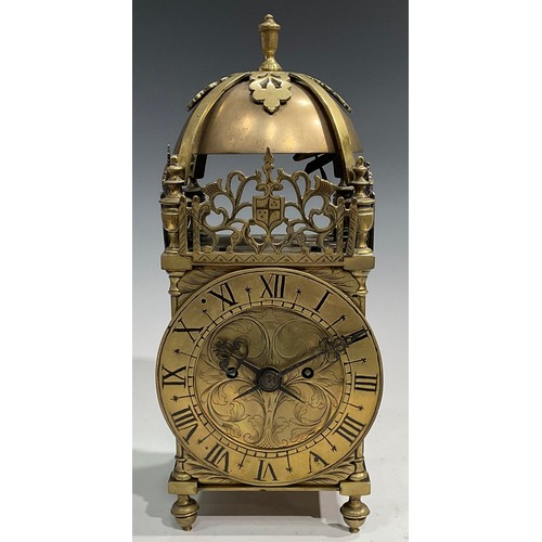 2380 - A 19th century brass lantern clock, 15cm chapter ring engraved with Roman numerals, twin winding hol... 