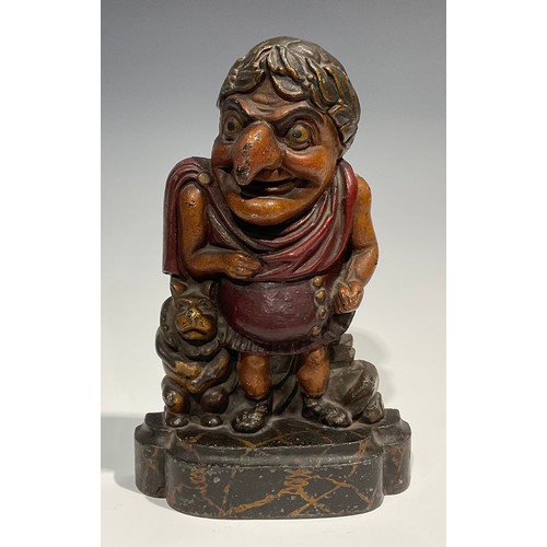 1813 - A pair of 19th century cold painted cast iron Punch and Judy doorstops, Punch dressed as a Roman and... 