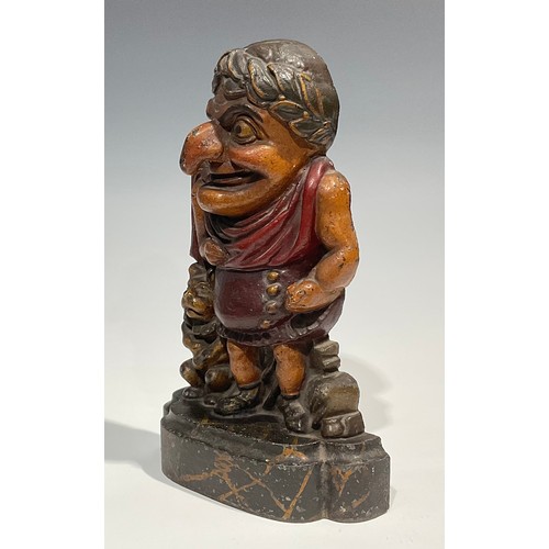 1813 - A pair of 19th century cold painted cast iron Punch and Judy doorstops, Punch dressed as a Roman and... 