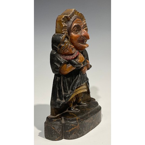 1813 - A pair of 19th century cold painted cast iron Punch and Judy doorstops, Punch dressed as a Roman and... 