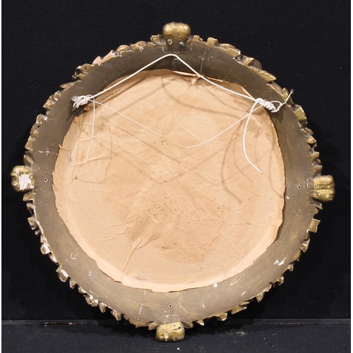 2013 - A 19th century giltwood and gesso shaped circular looking glass, plain mirror plate, the frame carve... 