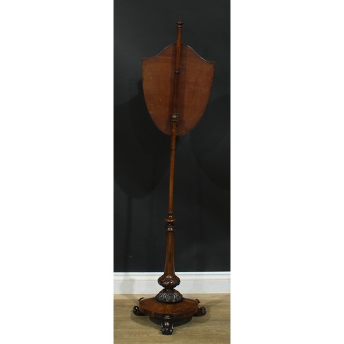 2621 - A William IV rosewood pole screen, pointed knop finial, shield shaped banner embroidered with flower... 