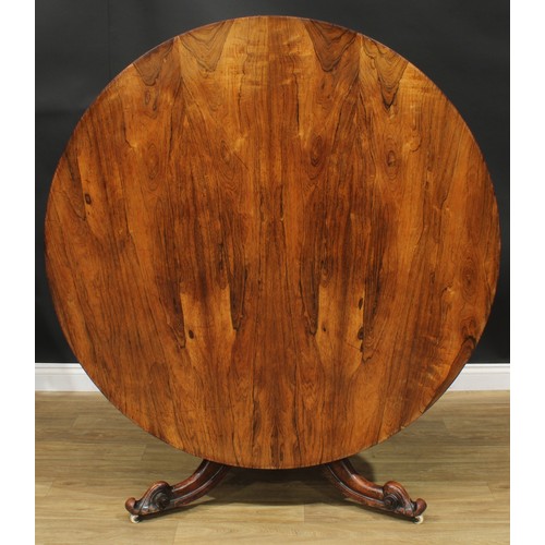 2596 - A Victorian rosewood and mahogany centre table, circular tilting top, turned column, cabriole legs, ... 