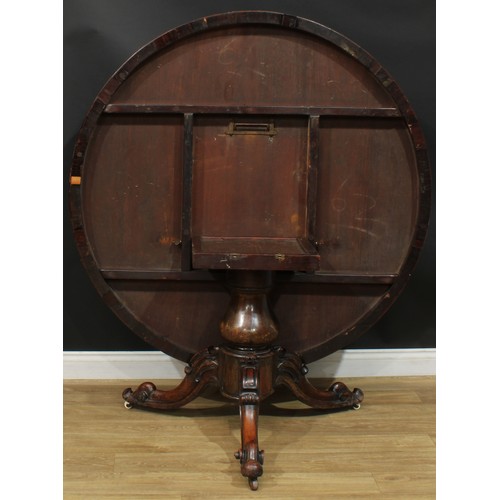 2596 - A Victorian rosewood and mahogany centre table, circular tilting top, turned column, cabriole legs, ... 