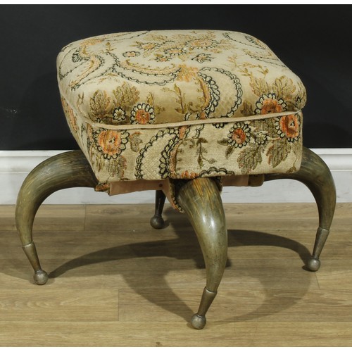 2338 - An early 20th century country house stool, stuffed-over seat, horn legs, 46cm high, the seat 43cm sq... 