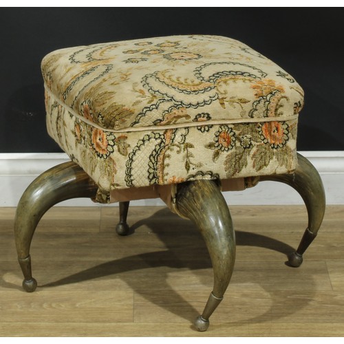 2338 - An early 20th century country house stool, stuffed-over seat, horn legs, 46cm high, the seat 43cm sq... 