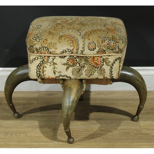 2338 - An early 20th century country house stool, stuffed-over seat, horn legs, 46cm high, the seat 43cm sq... 