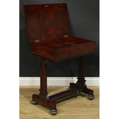 2310 - A William IV mahogany work table, hinged rectangular top enclosing open compartments, rectangular su... 