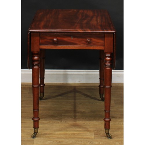 2490 - A George IV mahogany Pembroke table, rounded rectangular top with fall leaves above a single frieze ... 