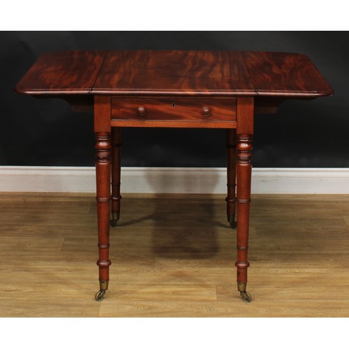 2490 - A George IV mahogany Pembroke table, rounded rectangular top with fall leaves above a single frieze ... 