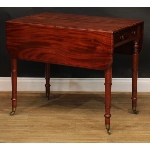 2490 - A George IV mahogany Pembroke table, rounded rectangular top with fall leaves above a single frieze ... 