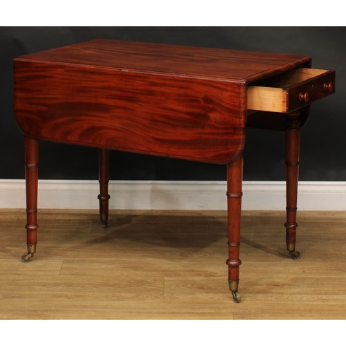 2490 - A George IV mahogany Pembroke table, rounded rectangular top with fall leaves above a single frieze ... 