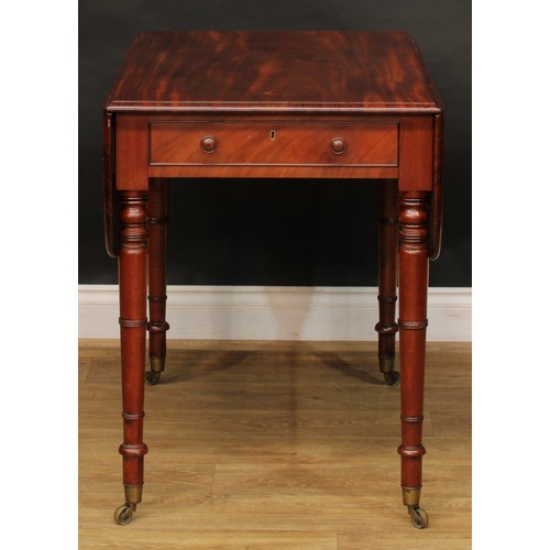 2490 - A George IV mahogany Pembroke table, rounded rectangular top with fall leaves above a single frieze ... 