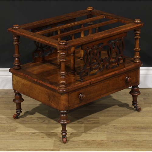 2299 - A Victorian walnut three-section Canterbury, drawer to base, turned legs, ceramic casters, 50cm high... 