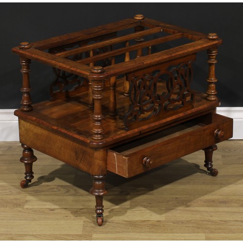 2299 - A Victorian walnut three-section Canterbury, drawer to base, turned legs, ceramic casters, 50cm high... 