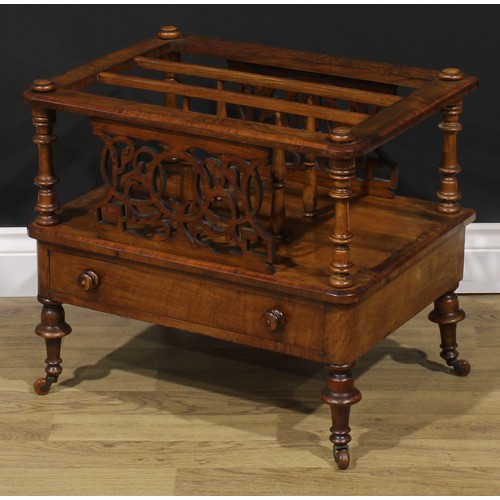 2299 - A Victorian walnut three-section Canterbury, drawer to base, turned legs, ceramic casters, 50cm high... 