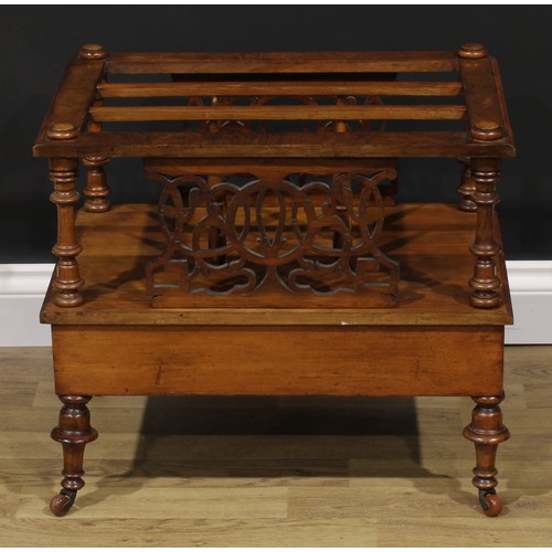 2299 - A Victorian walnut three-section Canterbury, drawer to base, turned legs, ceramic casters, 50cm high... 