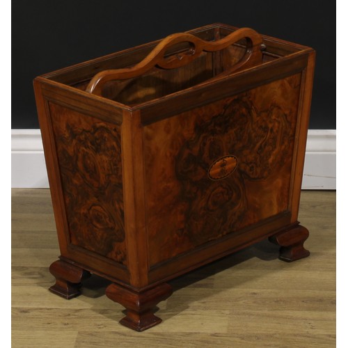 2335 - An early 20th century burr walnut and mahogany two section periodical rack, pierced carry handle, pa... 