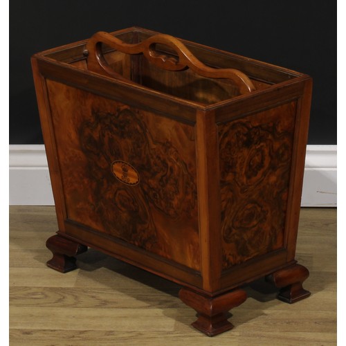 2335 - An early 20th century burr walnut and mahogany two section periodical rack, pierced carry handle, pa... 