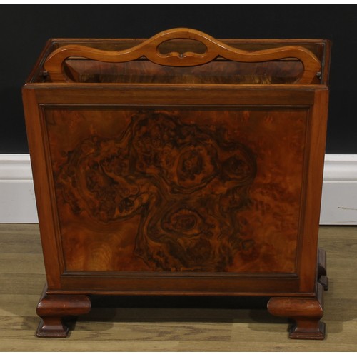 2335 - An early 20th century burr walnut and mahogany two section periodical rack, pierced carry handle, pa... 