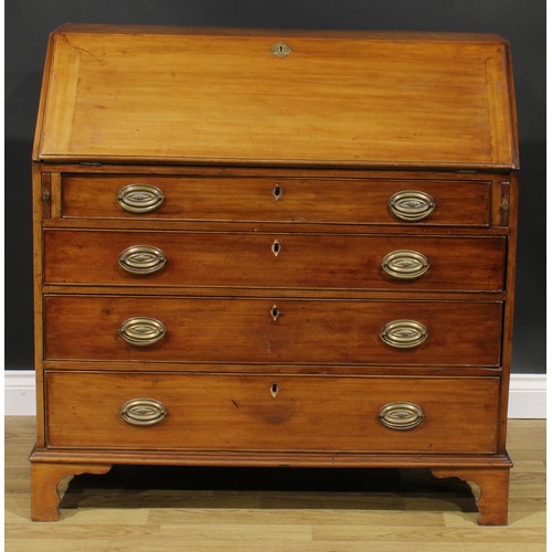 1787 - A George III mahogany bureau, fall front enclosing a fitted interior, above four long graduated cock... 