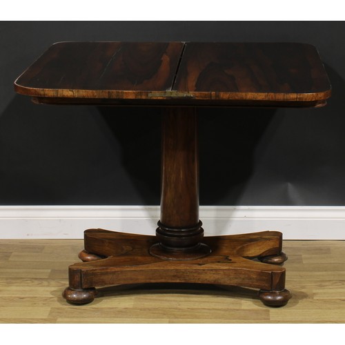 2498 - A George/William IV rosewood tea table, hinged top above a deep frieze, turned column, incurve recta... 