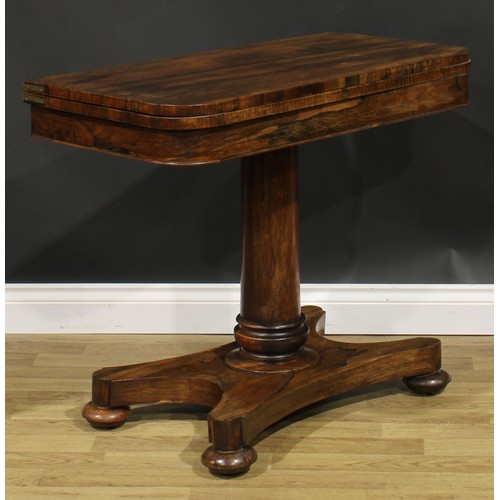 2498 - A George/William IV rosewood tea table, hinged top above a deep frieze, turned column, incurve recta... 