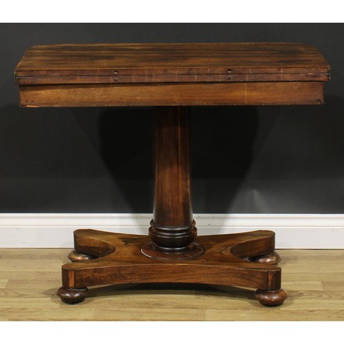 2498 - A George/William IV rosewood tea table, hinged top above a deep frieze, turned column, incurve recta... 