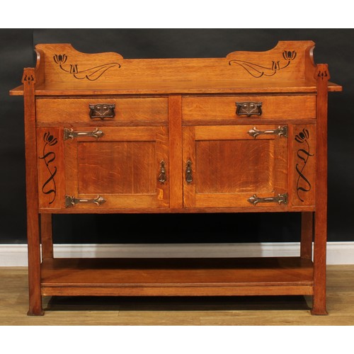 2326 - An Arts & Crafts oak and ebony marquetry buffet side cabinet, shaped three-quarter gallery above a p... 