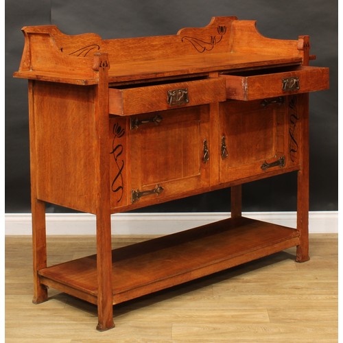 2326 - An Arts & Crafts oak and ebony marquetry buffet side cabinet, shaped three-quarter gallery above a p... 