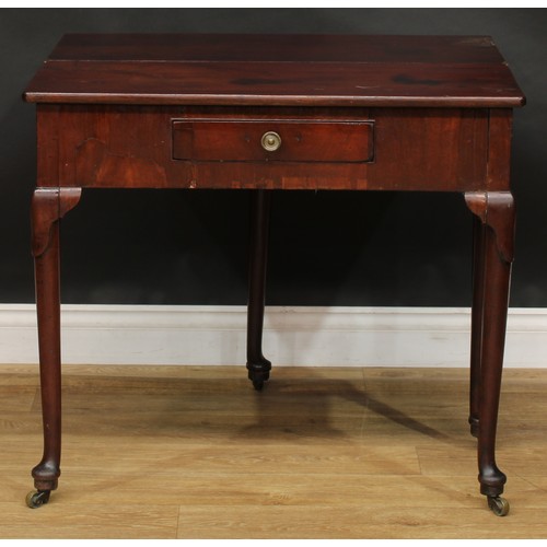 1734 - A George II mahogany tea table, hinged rectangular top above a single frieze drawer, straightened ca... 