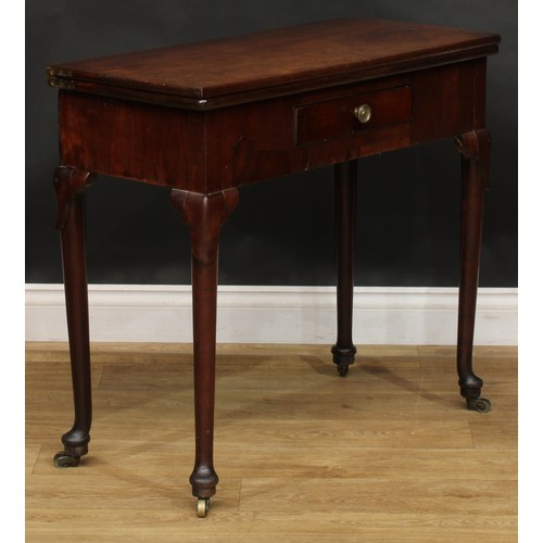 1734 - A George II mahogany tea table, hinged rectangular top above a single frieze drawer, straightened ca... 