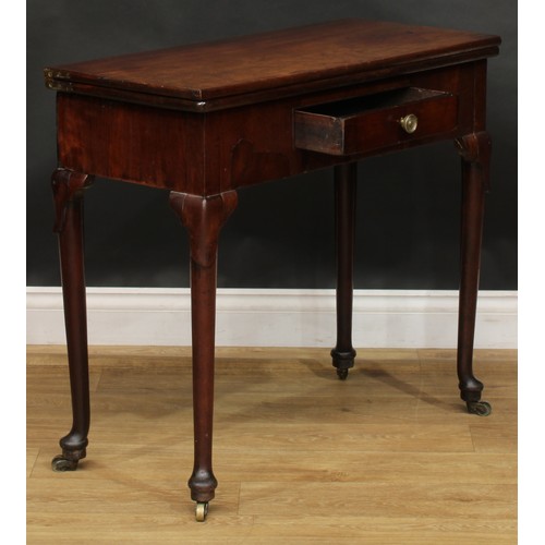 1734 - A George II mahogany tea table, hinged rectangular top above a single frieze drawer, straightened ca... 